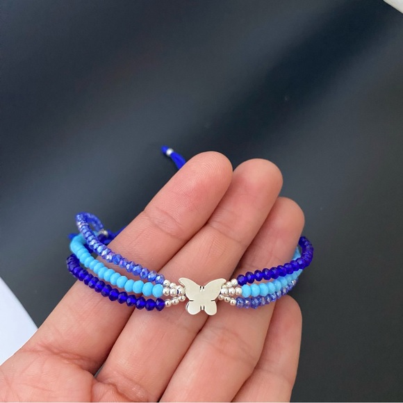 925 Sterling Silver Blue Thread  Butterfly Adjustable Three Layer Bracelet - Picture 4 of 13